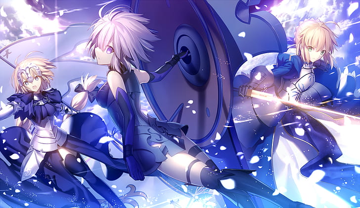 Fate Series, Fate/Grand Order, Anime, Armor, Boots, Dress, Fate (Series), Girl, Glove, Mashu Kyrielight, Ruler (Fate/Grand Order), Saber (Fate Series), Sword, Thigh Highs, Weapon, HD wallpaper