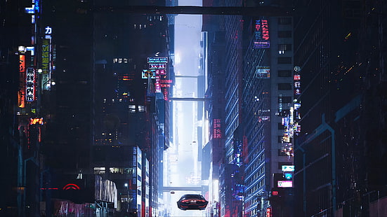 cyberpunk, voiture volante, battant, ville, bleu, néon, science fiction, science fiction rétro, Fond d'écran HD HD wallpaper