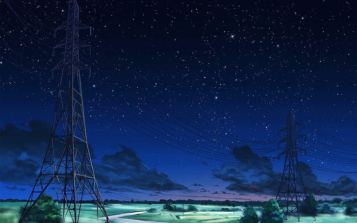 arseniy, chebynkin, night, sky, star, blue, illustration, art, anime, dark, HD wallpaper