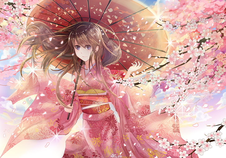 pohon ceri, payung, kimono, karakter asli, merah muda, bunga sakura, pakaian Jepang, Wallpaper HD