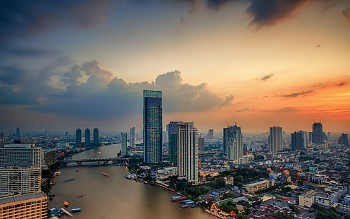 Бангкок, Таиланд, Бангкок, Таиланд, город, город, дороги, здания, небо, облака, река, мост, HD обои HD wallpaper