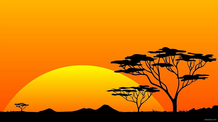 سفاري ، شجرة سوداء أثناء غروب الشمس ، صورة تجريدية ، سفاري ، ثلاثي الأبعاد وملخص، خلفية HD