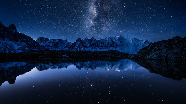 france, chamonix, lac blanc, mont blanc, chaîne de montagnes, reflet, voie lactée, nuit étoilée, ciel nocturne, Fond d'écran HD