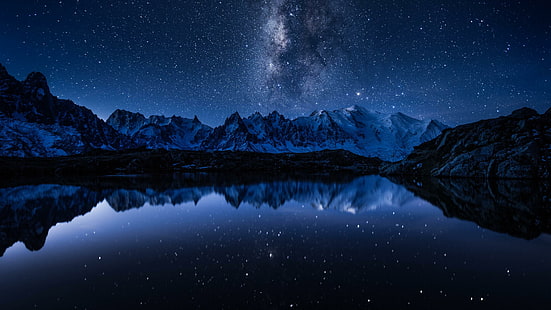 유럽, 프랑스, ​​샤모니, 하얀 호수, 락 블랑, 몽블랑, 산맥, 반영, 은하수, 별이 빛나는 밤, 밤하늘, HD 배경 화면 HD wallpaper