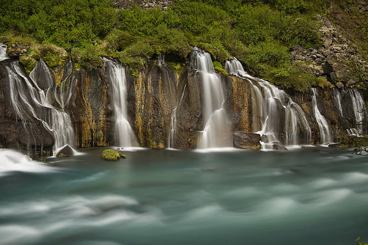 timelapse photography of water falls during daytime, Hraunfossar, timelapse photography, water falls, daytime, Nikon D700, Nikkor, West, Iceland, Guðmundsson, Vesturland, waterfall, nature, river, water, forest, falling, scenics, stream, tropical Rainforest, landscape, beauty In Nature, freshness, HD wallpaper
