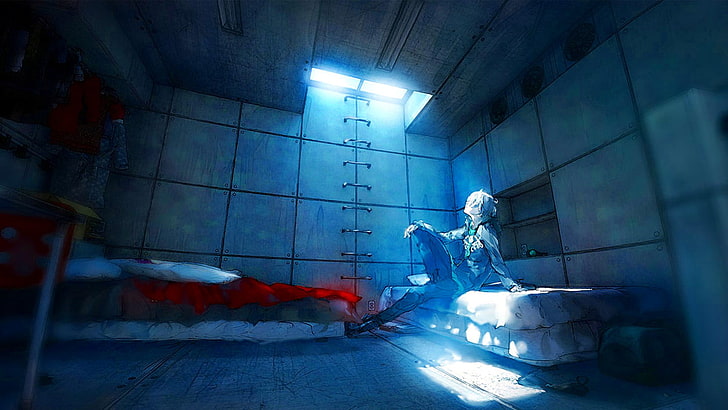 ภาพประกอบของเด็กผู้ชายนั่งอยู่บนเตียงศิลปะดิจิตอลแสงแดดอะนิเมะ, วอลล์เปเปอร์ HD