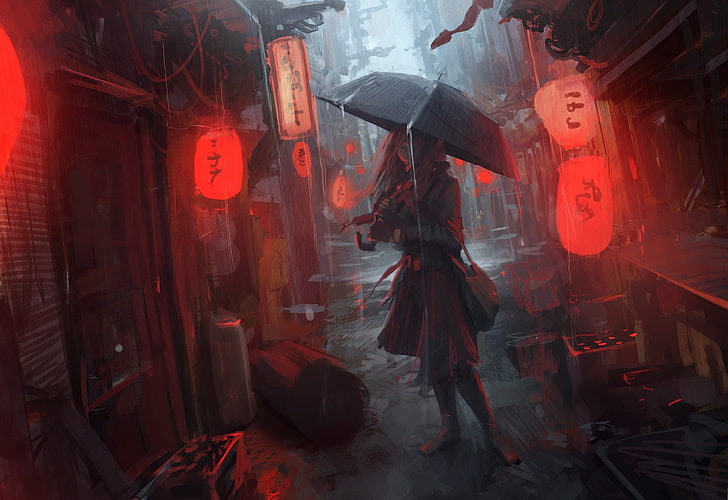 Oldboy, Japaner, digitale Kunst, Grafik, Frauen, Regenschirm, Animemädchen, Laterne, Anime, Regen, Stadtbild, erfundene Charaktere, HD-Hintergrundbild