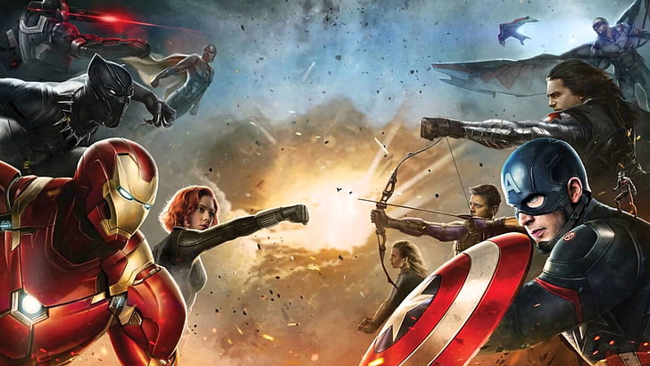 Fond d'écran Avengers, bandes dessinées, Marvel Comics, Captain America, Captain America: guerre civile, Iron Man, Black Widow, Scarlett Johansson, Hawkeye, The Vision, Ant-Man, Fond d'écran HD