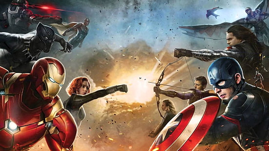 Fond d'écran Avengers, bandes dessinées, Marvel Comics, Captain America, Captain America: guerre civile, Iron Man, Black Widow, Scarlett Johansson, Hawkeye, The Vision, Ant-Man, Fond d'écran HD HD wallpaper