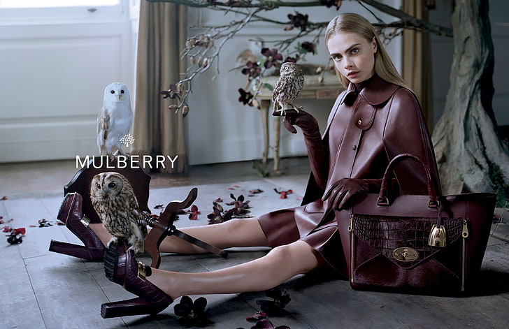 Cara Delevingne Mulberry photoshoot, leather, handbag, owls, brand, Mulberry, Cara Delevingne, HD wallpaper