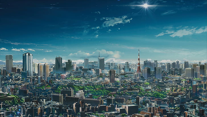 أنيمي ، منظر طبيعي ، حضري ، سماء ، غيوم ، مدينة ، طوكيو ، برج طوكيو، خلفية HD