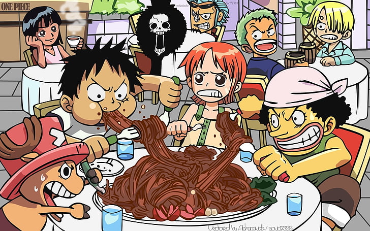 One Piece karaktärer illustration, Anime, One Piece, Brook (One Piece), Franky (One Piece), Monkey D. Luffy, Nami (One Piece), Nico Robin, Sanji (One Piece), Usopp (One Piece), Zoro Roronoa, HD tapet