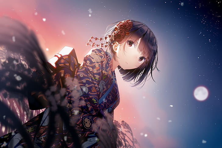 Originalfiguren, braune Augen, Brünette, japanischer Kimono, Kimono, kurze Haare, Sternennacht, Sterne, Blumen, HD-Hintergrundbild