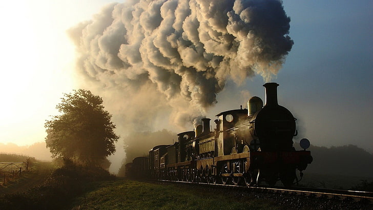 black metal train, train, railway, steam locomotive, smoke, trees, HD wallpaper