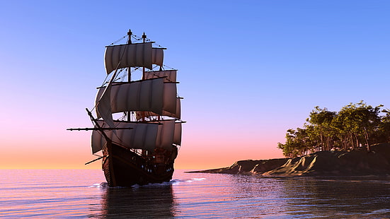 barco, caravela, mar, velero, Fondo de pantalla HD HD wallpaper