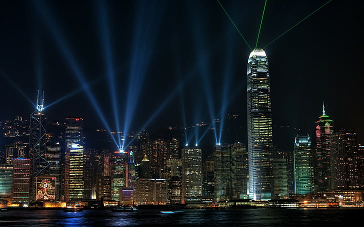 Hong Kong Buildings Skyscrapers Night Lights Lasers HD, night, buildings, cityscape, skyscrapers, lights, kong, hong, lasers, HD wallpaper