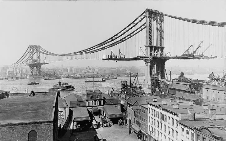 city, USA, river, New York, Manhattan, NYC, houses, Brooklyn Bridge, black and white, boats, East River, United States of America, under construction, 1870, warehouses, B andamp; W, ferries, HD wallpaper