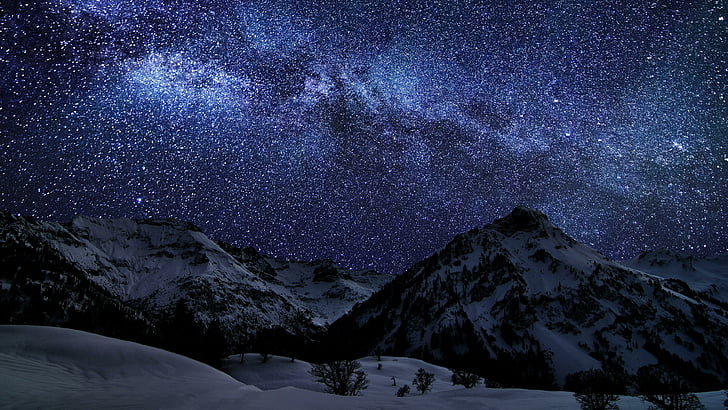 stjärnor, stjärnklar, stjärnklar natt, berg, snö, natt, natthimmel, natur, HD tapet