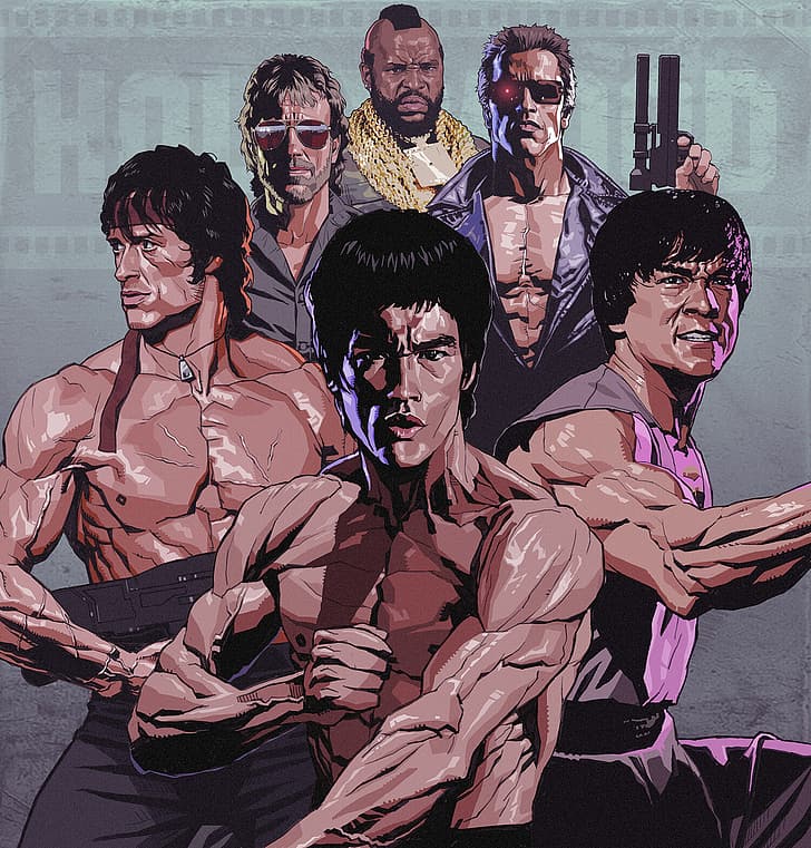 movies, men, artwork, Jackie Chan, Bruce Lee, Sylvester Stallone, Arnold Schwarzenegger, Terminator, Chuck Norris, Mr. T, Rambo, Seung Eun Kim, ArtStation, muscles, muscular, weapon, gun, cyborg, HD wallpaper