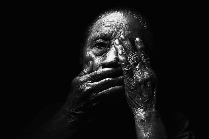 adult, aged, black and white, blur, dark, face, hands, light, model, old, person, photoshoot, woman, HD wallpaper