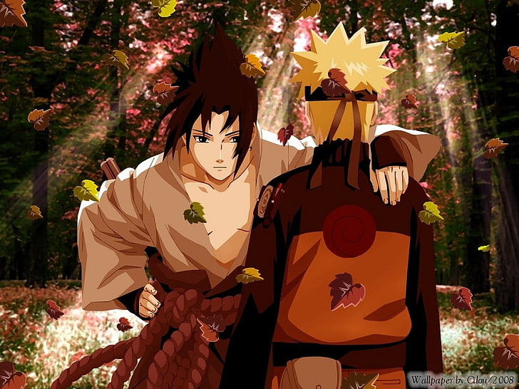 Naruto ve Kakashi duvar kağıdı, Uchiha Sasuke ve Uzumaki Naruto, anime, Naruto Shippuuden, Uzumaki Naruto, Uchiha Sasuke, düşmek, yapraklar, HD masaüstü duvar kağıdı