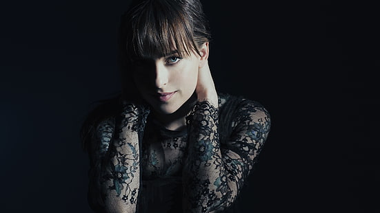 woman wearing black lace long-sleeved top, Dakota Johnson, Fifty Shades of Grey, Promo shoot, 4K, HD wallpaper HD wallpaper