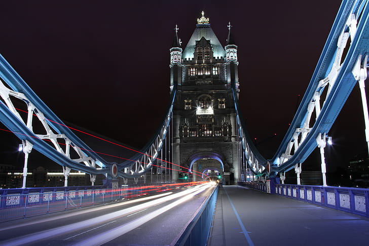 Замедленная съемка моста в ночное время, Лондон, Замедленная съемка, мост, ночное время, длительная экспозиция, туристы, ночь, Лондон - Англия, известное место, Тауэрский мост, мост - Рукотворное сооружение, Англия, Великобритания, Река Темза, архитектура, трафик, река, сумерки, с подсветкой, длинные выдержки, путешествия, городские сцены, HD обои