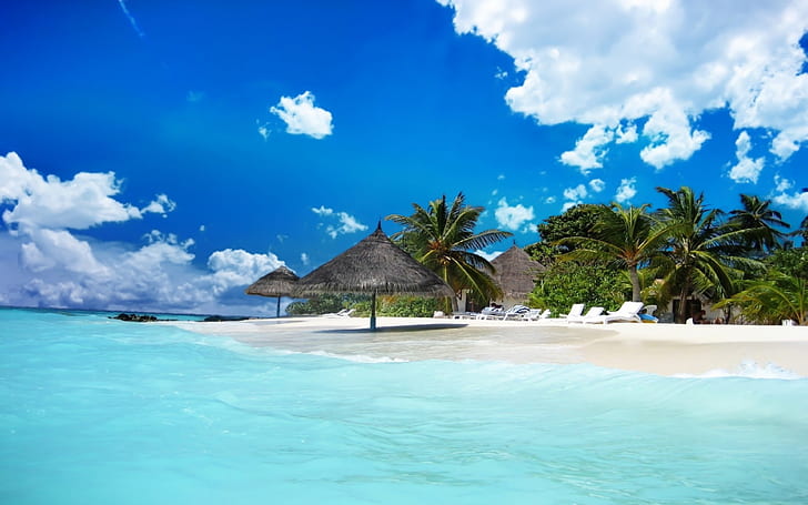 Bahamas Caribbean ocean blue water tropical beach sand palm trees umbrella of straw tropical Hd Wallpaper 3840×2400, HD wallpaper
