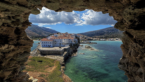 Grecia, Europa, Andros, isola, Paleópolis, vacanze, viaggio, buco, Cicladi, Sfondo HD HD wallpaper