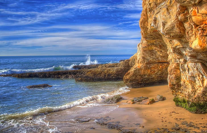 nature, landscape, beach, sea, coast, rock, cliff, waves, cave, sand, HDR, clouds, HD wallpaper
