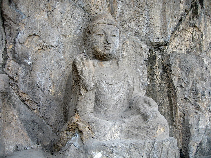 Gautama Buddha statue, longman grottoes, caves, landmark, embossed, figures, HD wallpaper