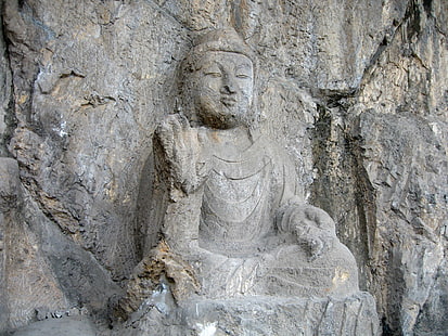 Gautama Buda heykeli, longman mağaraları, mağaralar, işaret, kabartmalı, rakamlar, HD masaüstü duvar kağıdı HD wallpaper