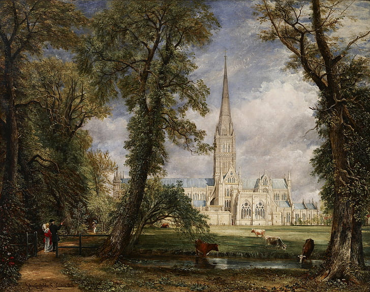 traditional art, painting, artwork, oil painting, John Constable, park, Salisbury, cathedral, trees, couple, lake, animals, cow, clouds, HD wallpaper