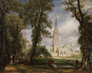 traditional art, painting, artwork, oil painting, John Constable, park, Salisbury, cathedral, trees, couple, lake, animals, cow, clouds, HD wallpaper HD wallpaper