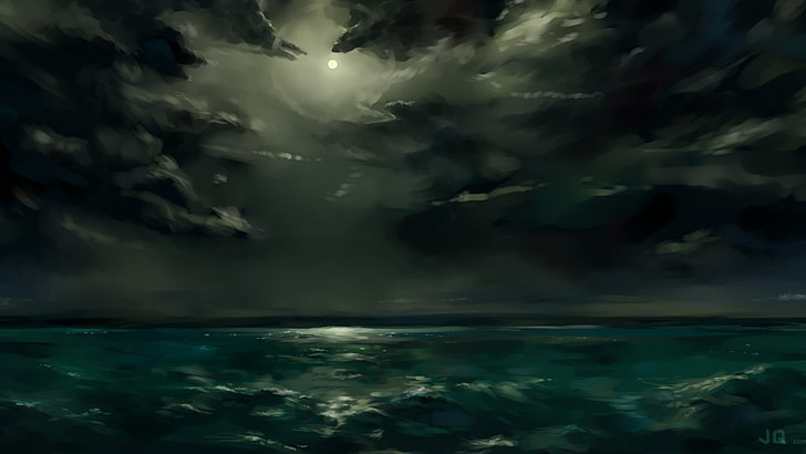 body of water painting, clouds, artwork, digital art, nature, landscape, sea, sky, night, HD wallpaper