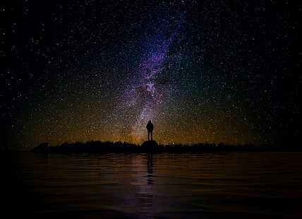 Nacht, Himmel, Himmelslandschaft, Landschaft, Silhouette, Sterne, Sternennacht, Wasser, Meer, Spiegelbild, dunkel, Milchstraße, Raum, Universum, Galaxie, allein, Einsamkeit, HD-Hintergrundbild HD wallpaper