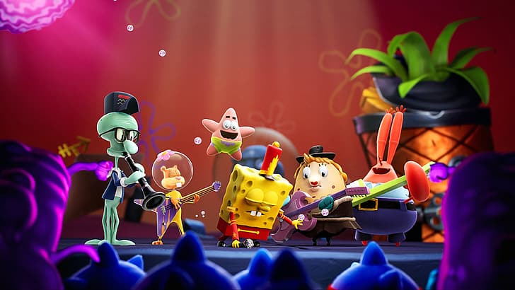 SpongeBob SquarePants: The Cosmic Shake, SpongeBob SquarePants, 4K, THQ Nordic, Purple Lamp Studios, spongebob, video game art, Patrick Star, Patrick (Spongebob Squarepants), Sandy Cheeks, Squidward Tentacles, Mr. Krabs (Spongebob Squarepants), Mrs. Puff (Spongebob Squarepants), HD wallpaper