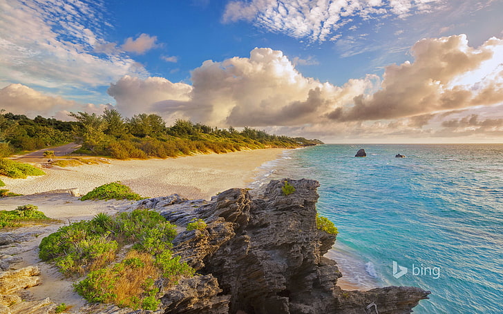 бурое скальное образование, море, пляж, облака, природа, камни, залив Уорик Лонг, Бермудские острова, HD обои