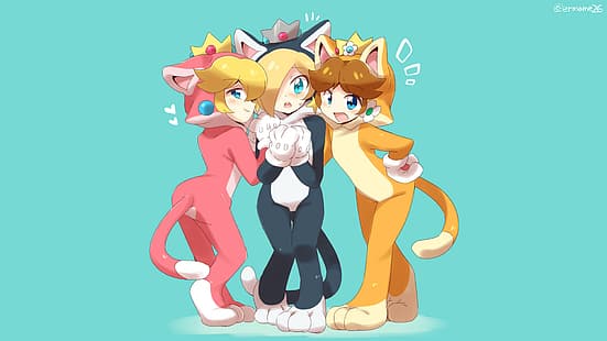  Princess Peach, Princess Daisy, Princess Rosalina, Super Mario Bros., Super Mario, blonde, brunette, catsuit, cosplay, blue eyes, bangs, open mouth, gloves, Cat Gloves, white gloves, paws, earring, crown, cat ears, animal ears, onesie, black cats, tail, cat tail, animal tail, simple background, teal background, blue background, light blue, looking at viewer, seductive look, seductive smile, closed mouth, embarrassed, anime girls, Nintendo, Super Mario 3D World, video games, video game girls, HD wallpaper HD wallpaper