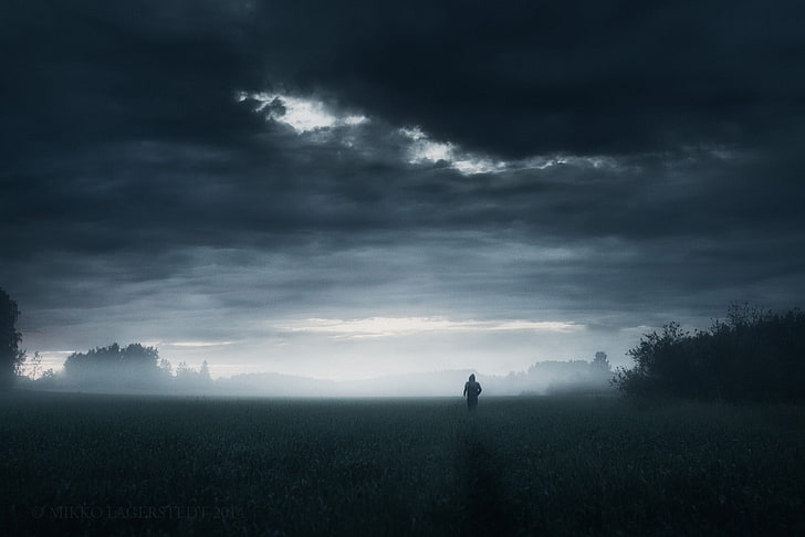 gray clouds, dark, loneliness, alone, nature, grass, horizon, rain, sky, clouds, running, people, landscape, HD wallpaper