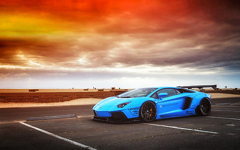 синьо купе Lamborghini Aventador, Lamborghini, Sky, Blue, Front, Sunset, Aventador, Supercar, LP720-4, Liberty, Walk, LB Perfomance, HD тапет HD wallpaper