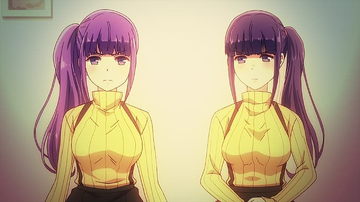 anime, anime girls, Anime screenshot, twins, purple hair, Iya na Kao Sare Nagara Opantsu Misete Moraitai, HD wallpaper