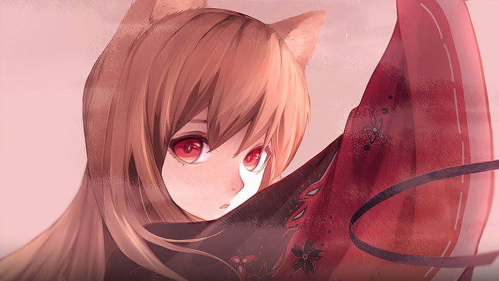 Horo (Spice and Wolf), Holo (Wolf & Spice), Spice and Wolf, simple background, looking at viewer, wolf ears, Okamimimi, HD wallpaper