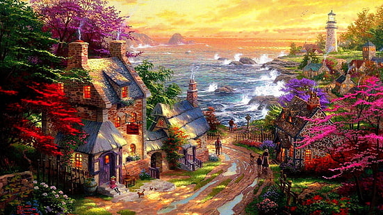 akşam, deniz feneri, fırtına, bahar, resmi, köy, akrilik boya, gökyüzü, manzara, boyama, evleri, ağaç, izlenimci, deniz, sanat, kasaba, doğa, HD masaüstü duvar kağıdı HD wallpaper