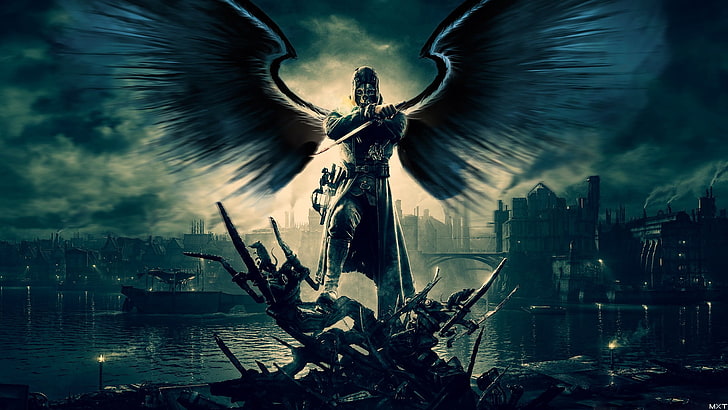 knight with wings wallpaper, Dishonored, wings, video games, Corvo Attano, angel, demon, HD wallpaper