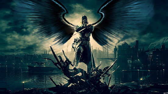 ksatria dengan wallpaper sayap, Dishonored, sayap, video game, Corvo Attano, angel, demon, Wallpaper HD HD wallpaper