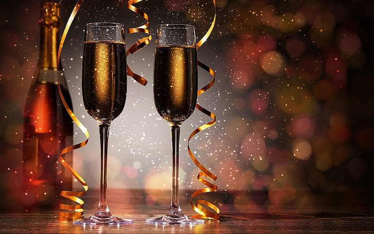 holiday, bottle, glasses, New year, champagne, sparks, bokeh, reflections of light, air bubbles, sparkle glass, Golden serpentine, HD wallpaper