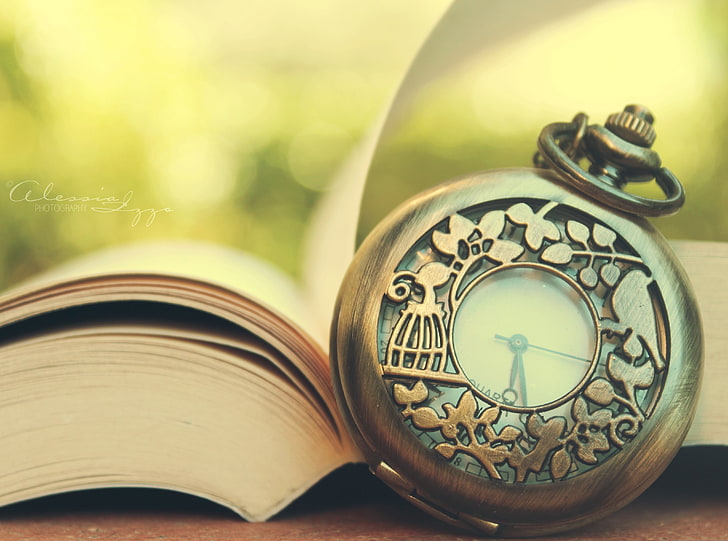 Relax Time, round gold-colored floral pocket watch, Vintage, Time, Book, jewelry, pocket watch, old pocket watch, HD wallpaper