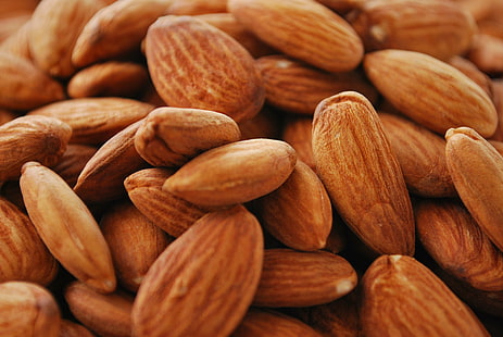 Pecan nuts, almonds, almonds, Almonds, Pecan, nuts, nikon  d60, f/3.5, 6G, VR, bangalore, india, almond, food, dry fruits, nut, seed, nut - Food, snack, close-up, organic, brown, heap, nature, backgrounds, healthy Eating, HD wallpaper HD wallpaper