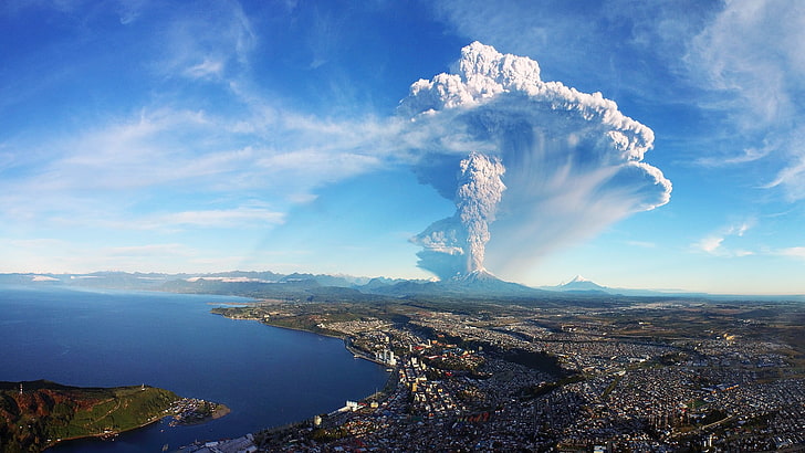 въздушен изглед на изригващия вулкан, Чили, вулкан, HD тапет